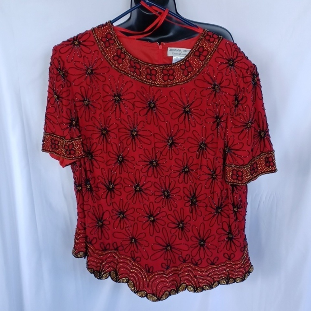 Vintage Adrianna Papéll Red Beaded short Sleeve Formal Blouse 100% Silk, 1X